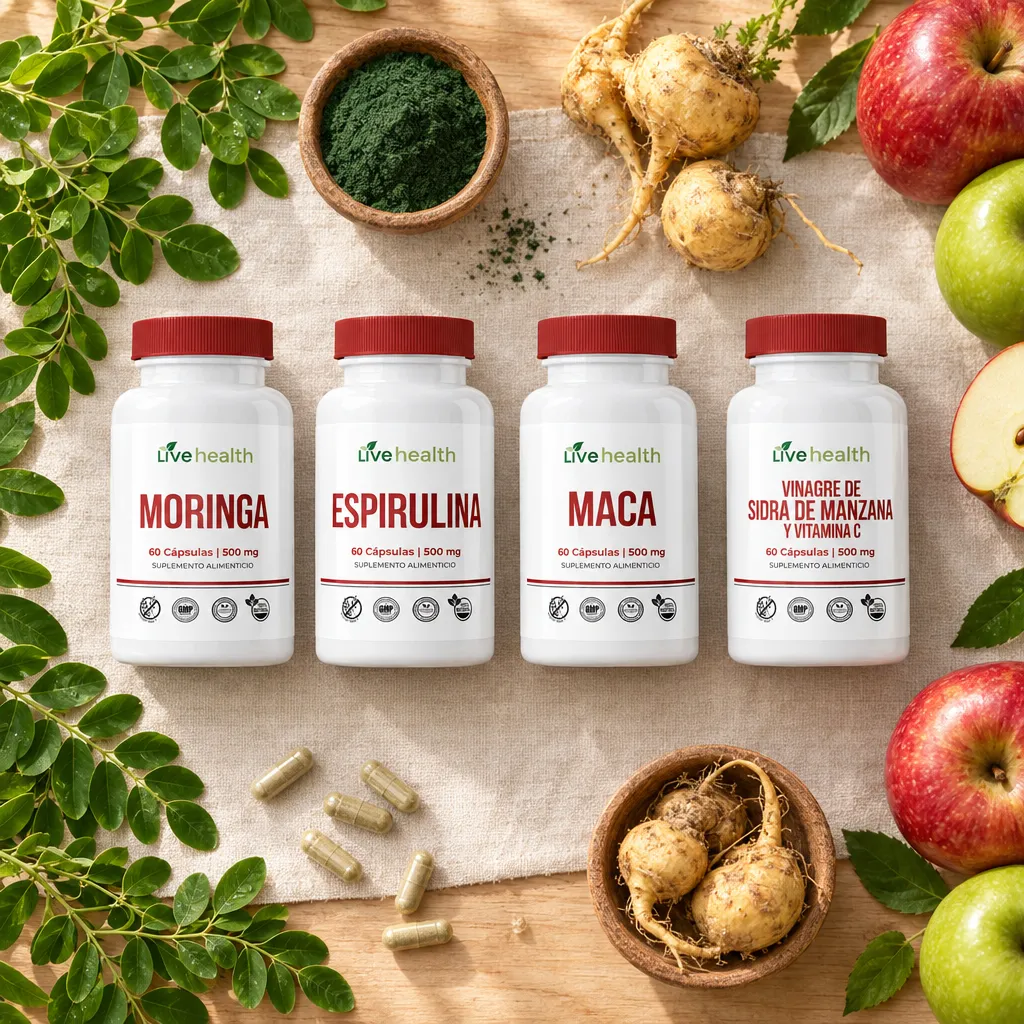 Ingredientes naturales de Live Health: moringa, espirulina, maca y manzana