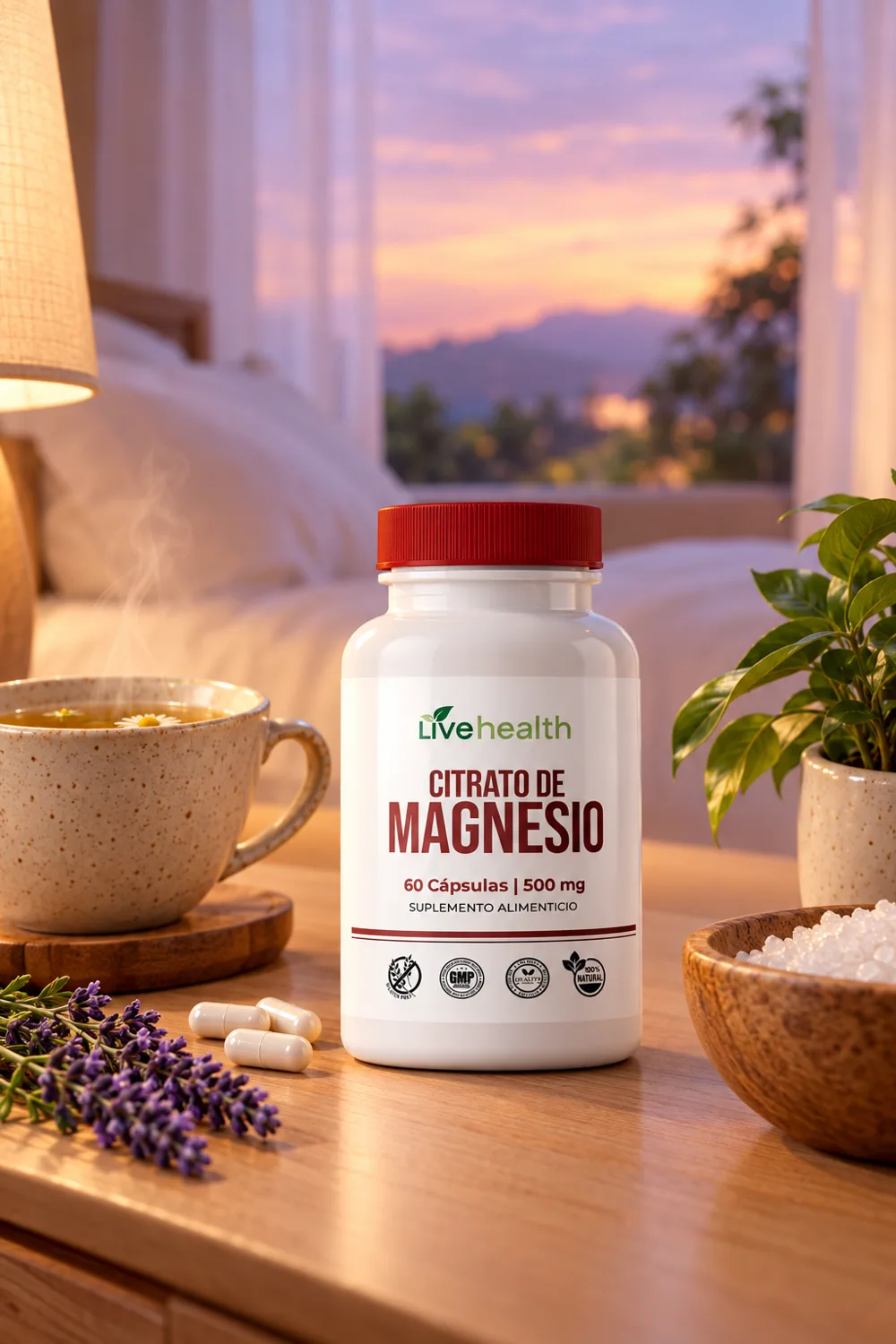 Citrato de Magnesio Live Health en la mesa de noche al atardecer