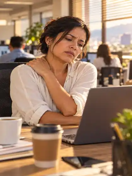 Mujer tensa en la oficina tocándose el hombro
